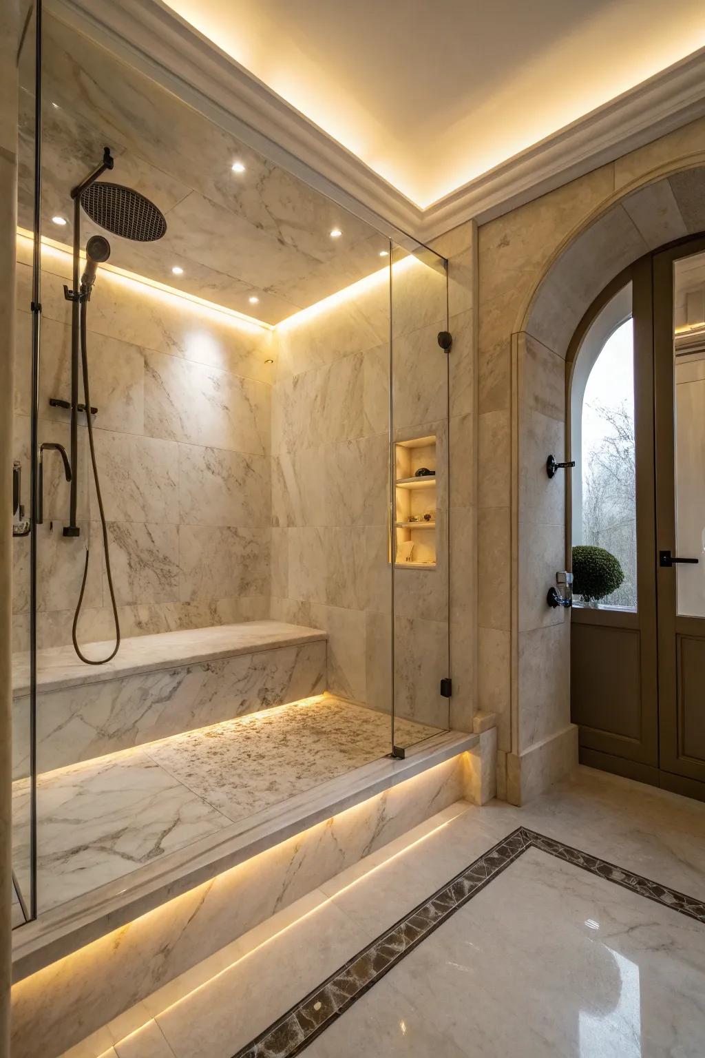 Hidden lighting appends ambiance to refined composite showers.