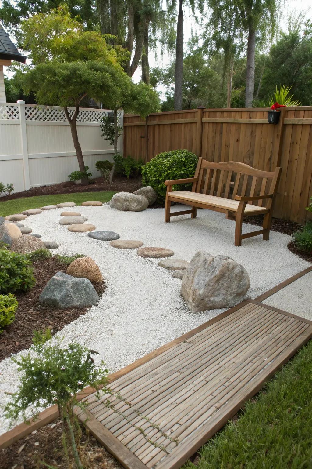 A Zen garden provides a serene outdoor escape.