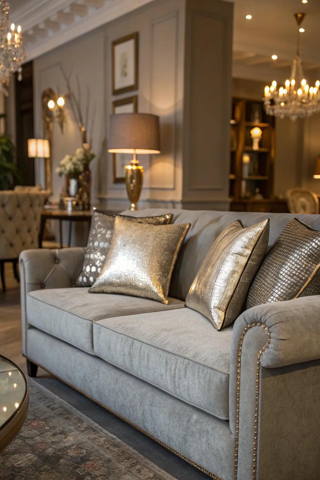 Gleam cushions contribute glamour and sophistication to a grey couch.