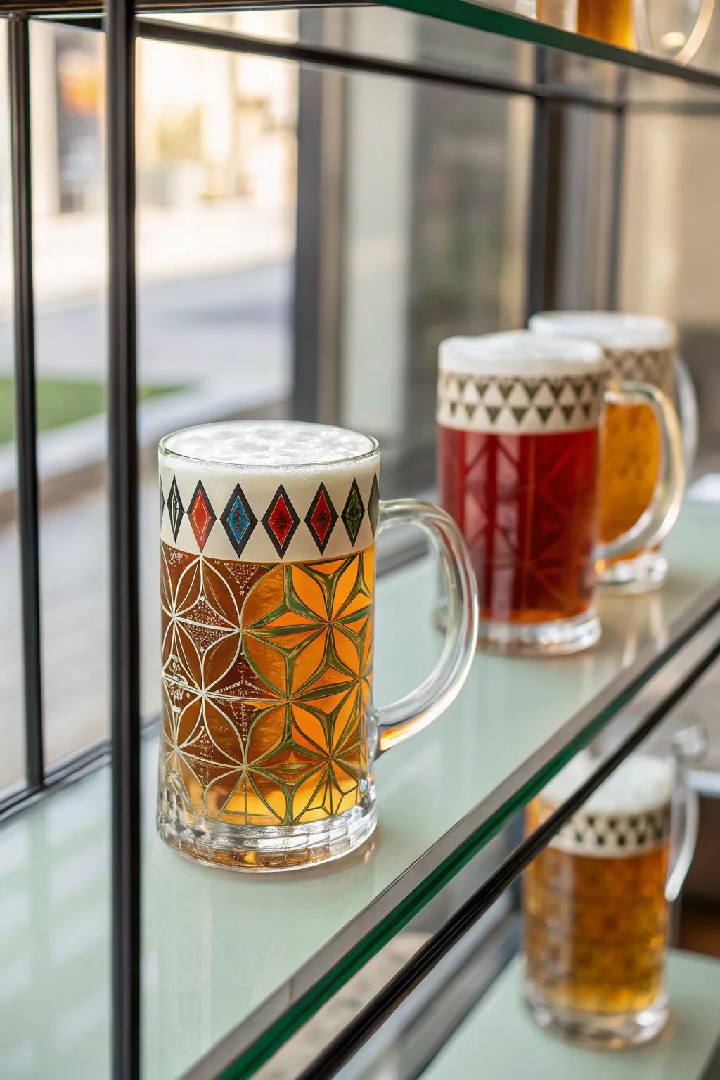 Geometric motifs impart a contemporary edge to beer mugs.
