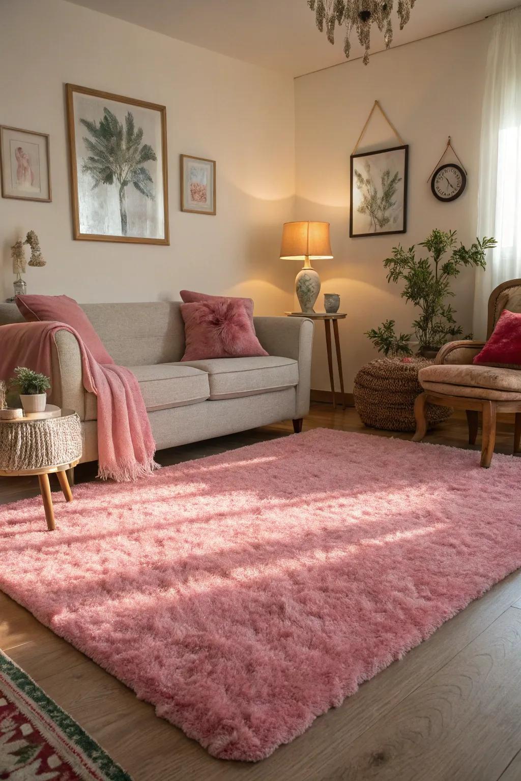 A rose rug grounds the room and adds comfort.