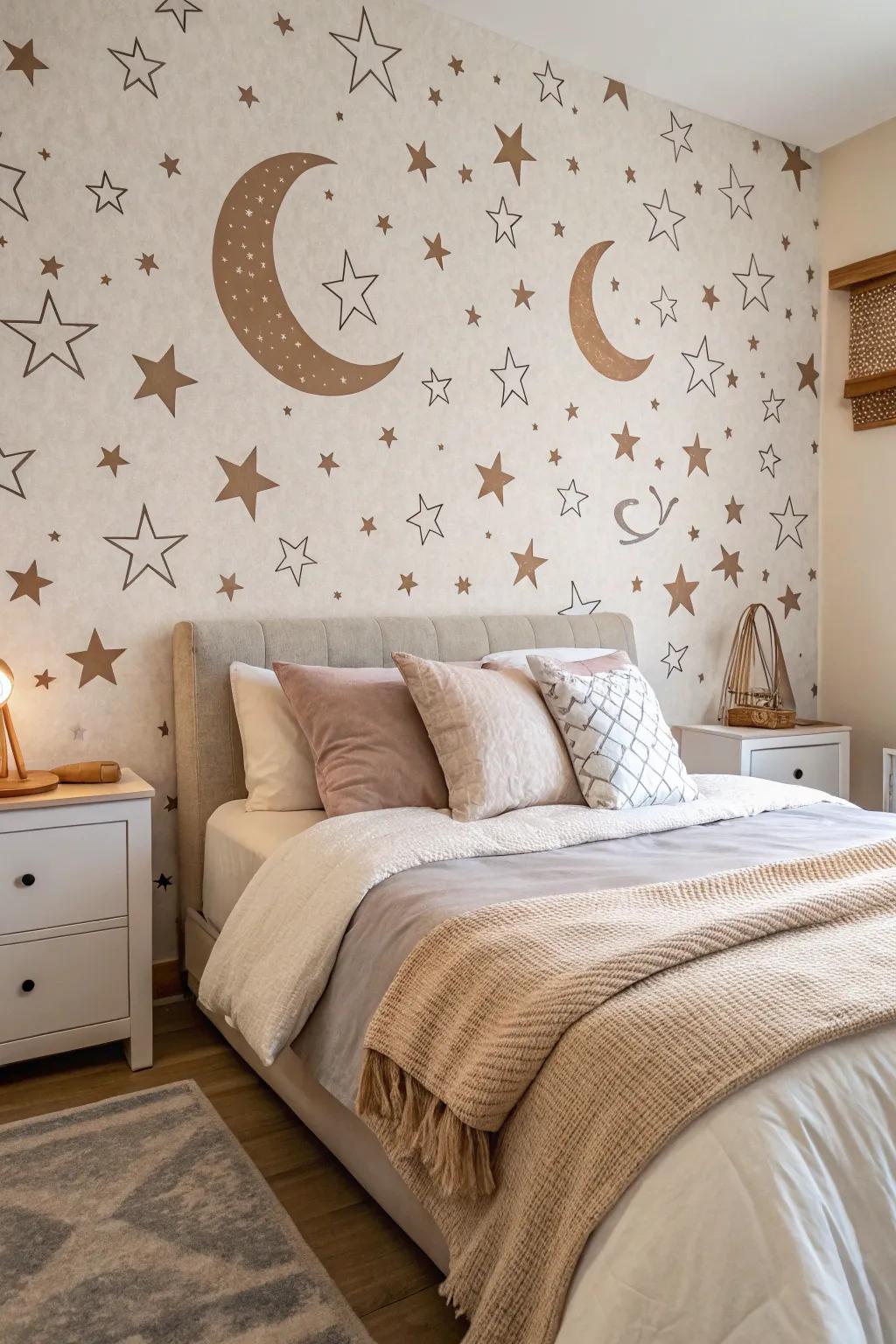 A bedroom featuring moon and star motif wall covering, crafting a magical nighttime getaway.