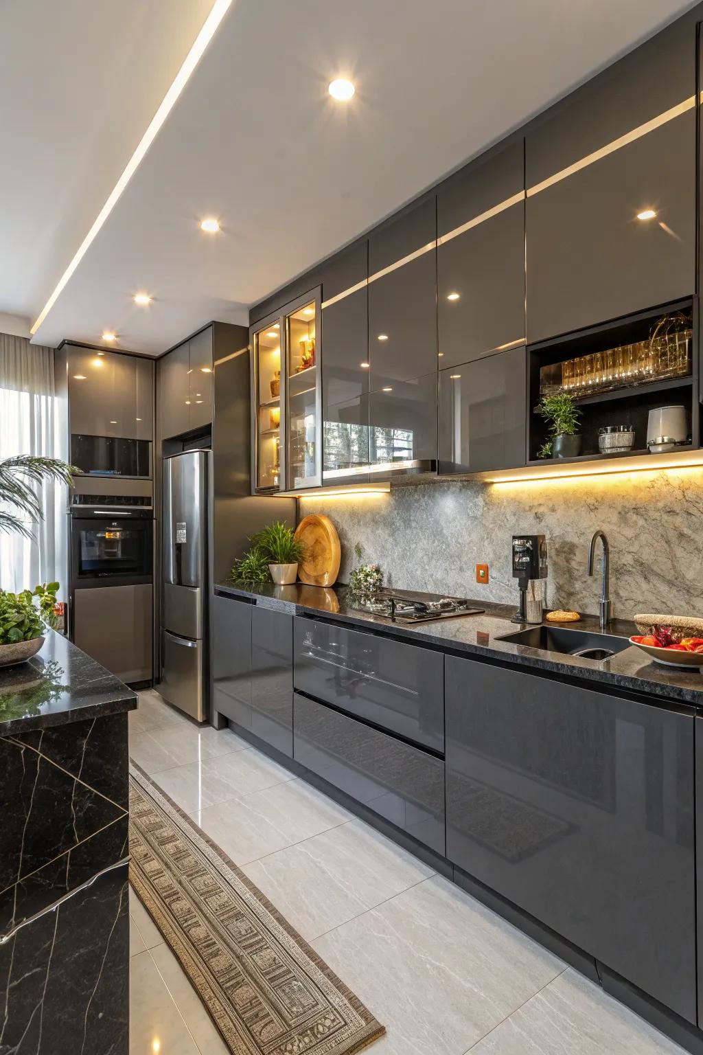 High-sheen finish on charcoal-toned cabinets enhancing light and space.