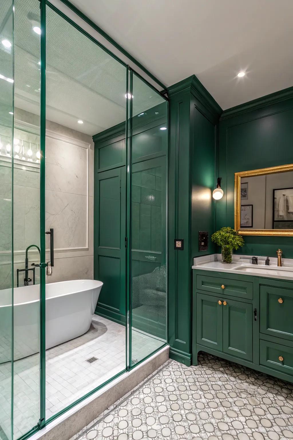 Green glass doors introduce a refreshing splash of color.