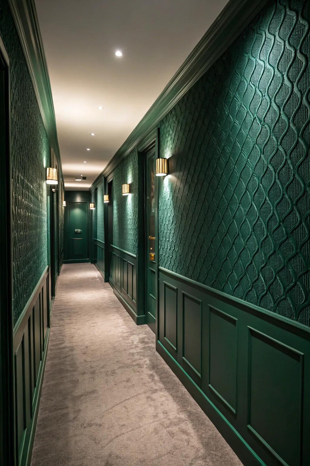 Textured walls inject intrigue into this hallway in dark green.