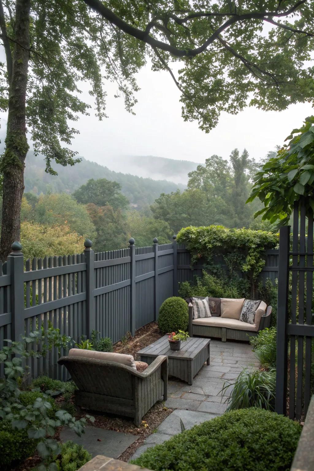 A secluded garden sanctuary with a charcoal-toned fence and lush vegetation.
