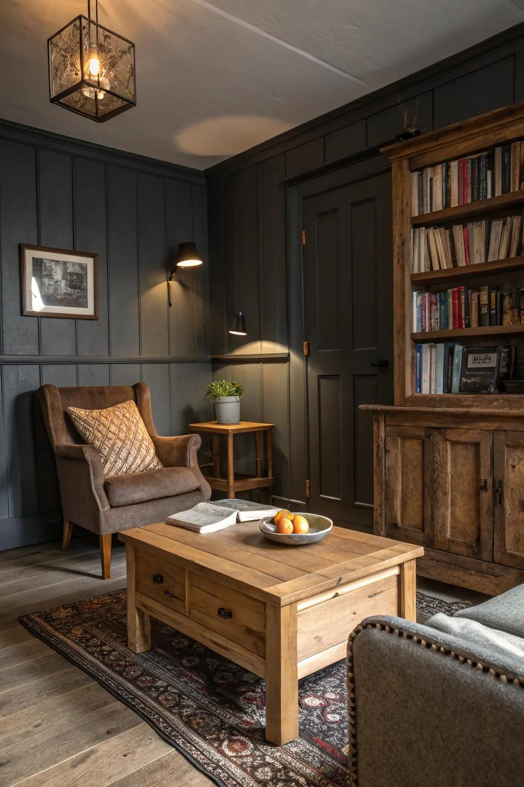 Rustic elements infusing charm into a dark grey setting.