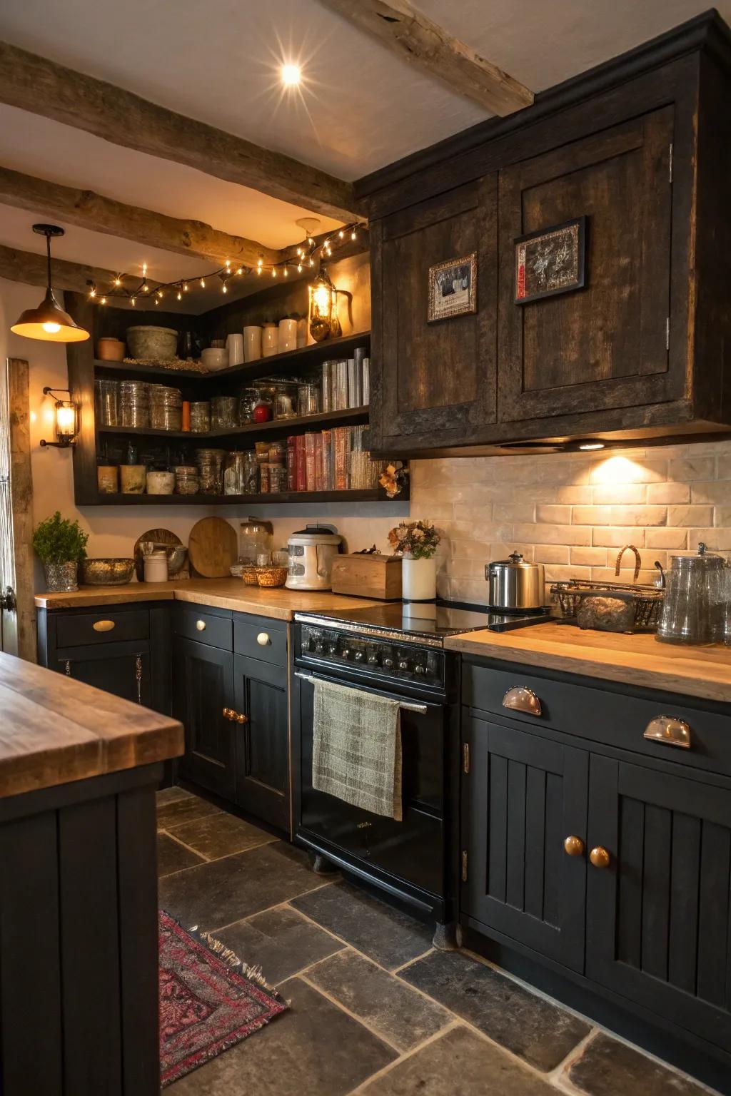 Dark timber cabinets offer rustic charm and warmth.