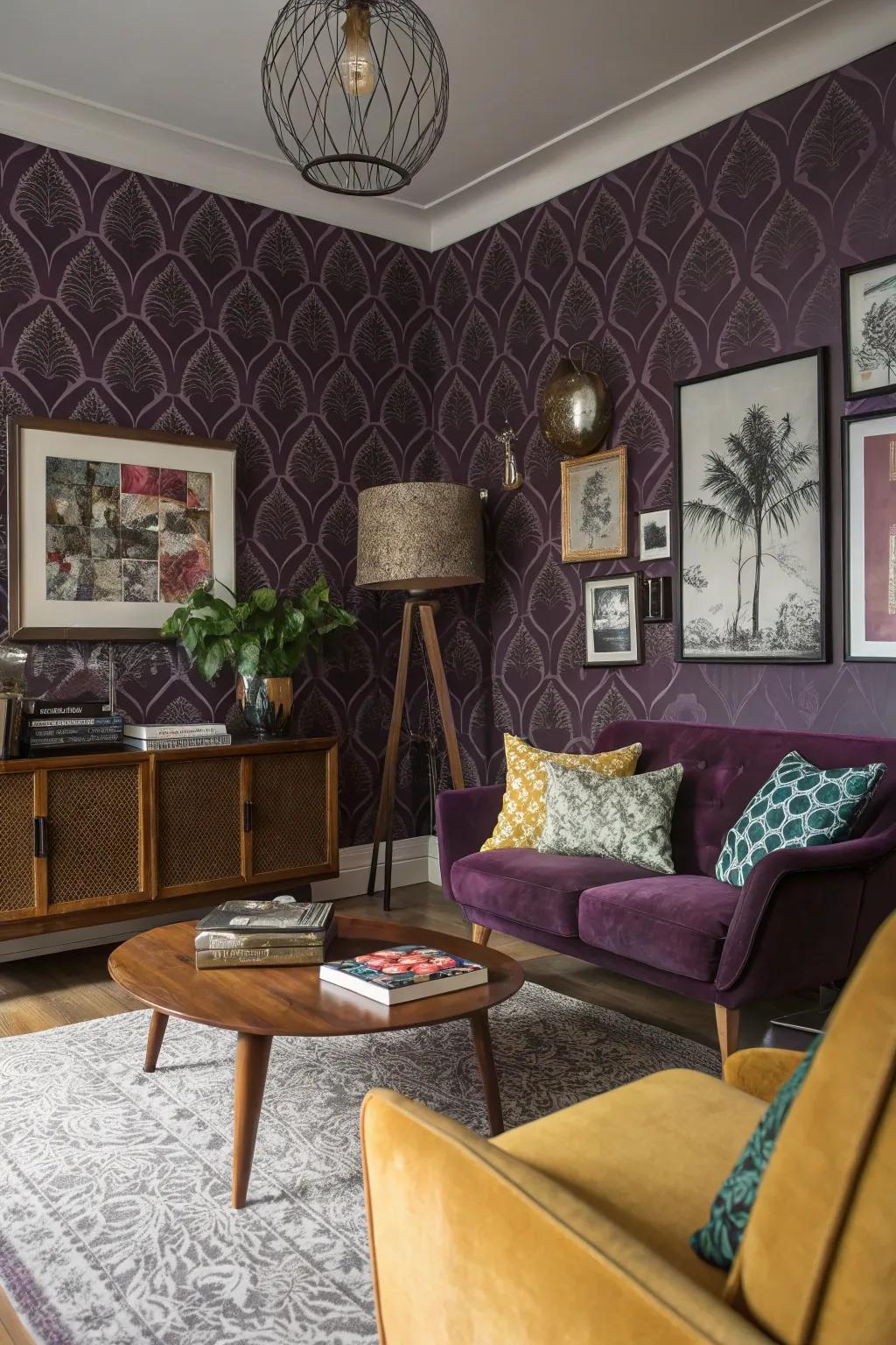 Violet wallcoverings enrich the texture and pattern of this eclectic living area.