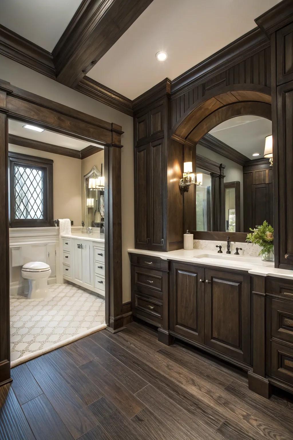 Deep wood highlights the architectural elegance of this bathroom.