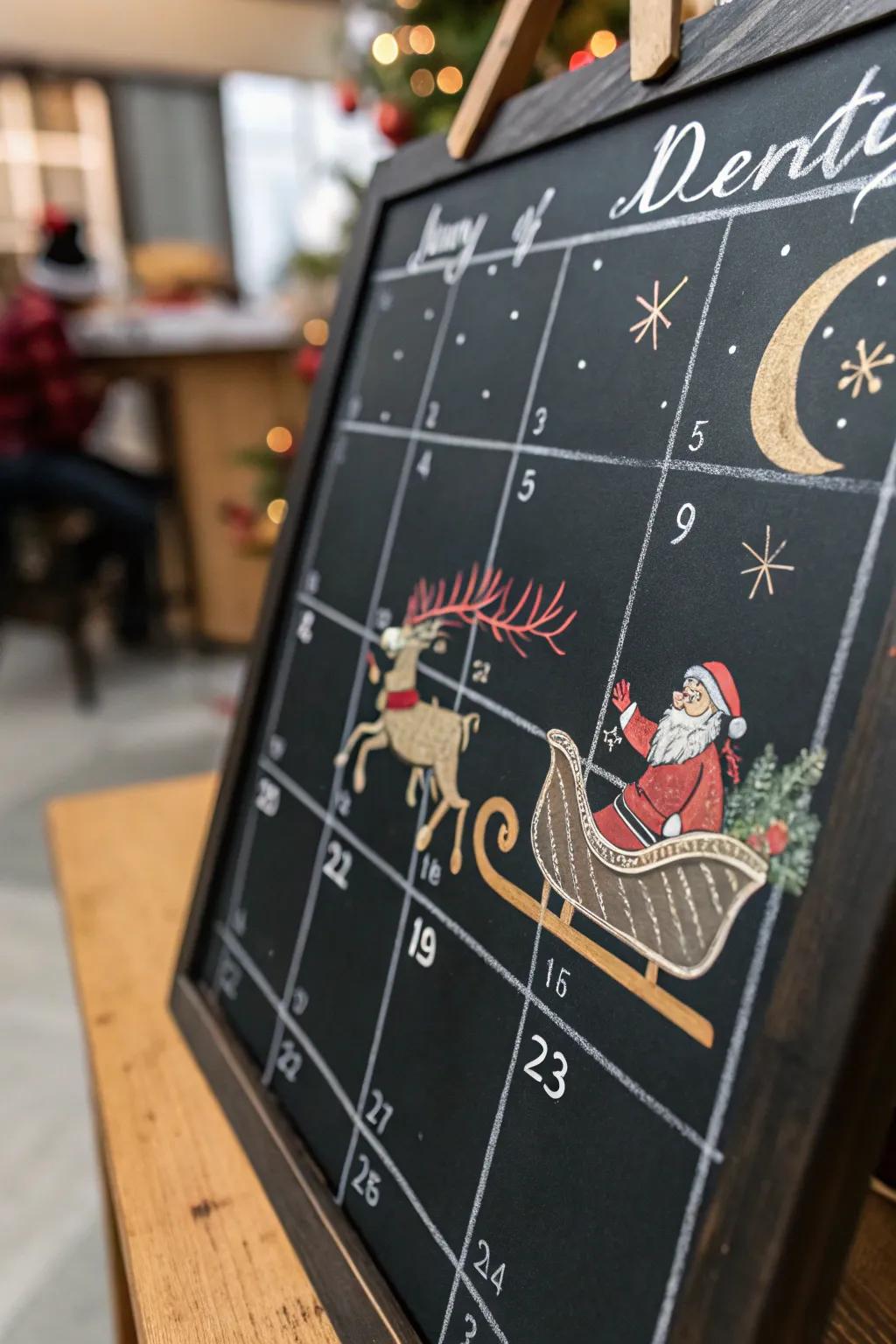 A magical chalkboard calendar featuring Santa's sleigh voyage.