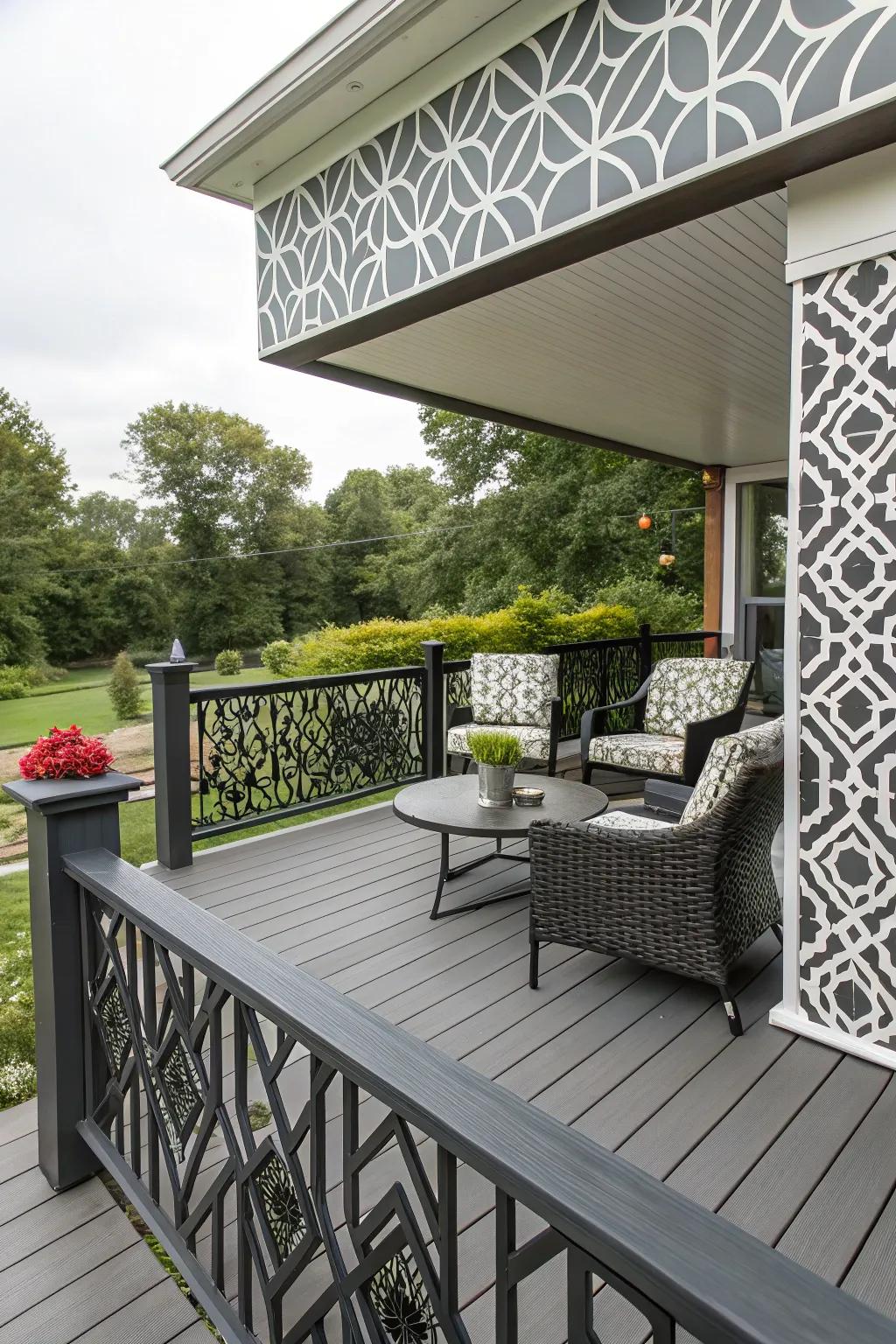 Geometric patterns in fascia add a modern, artistic touch.
