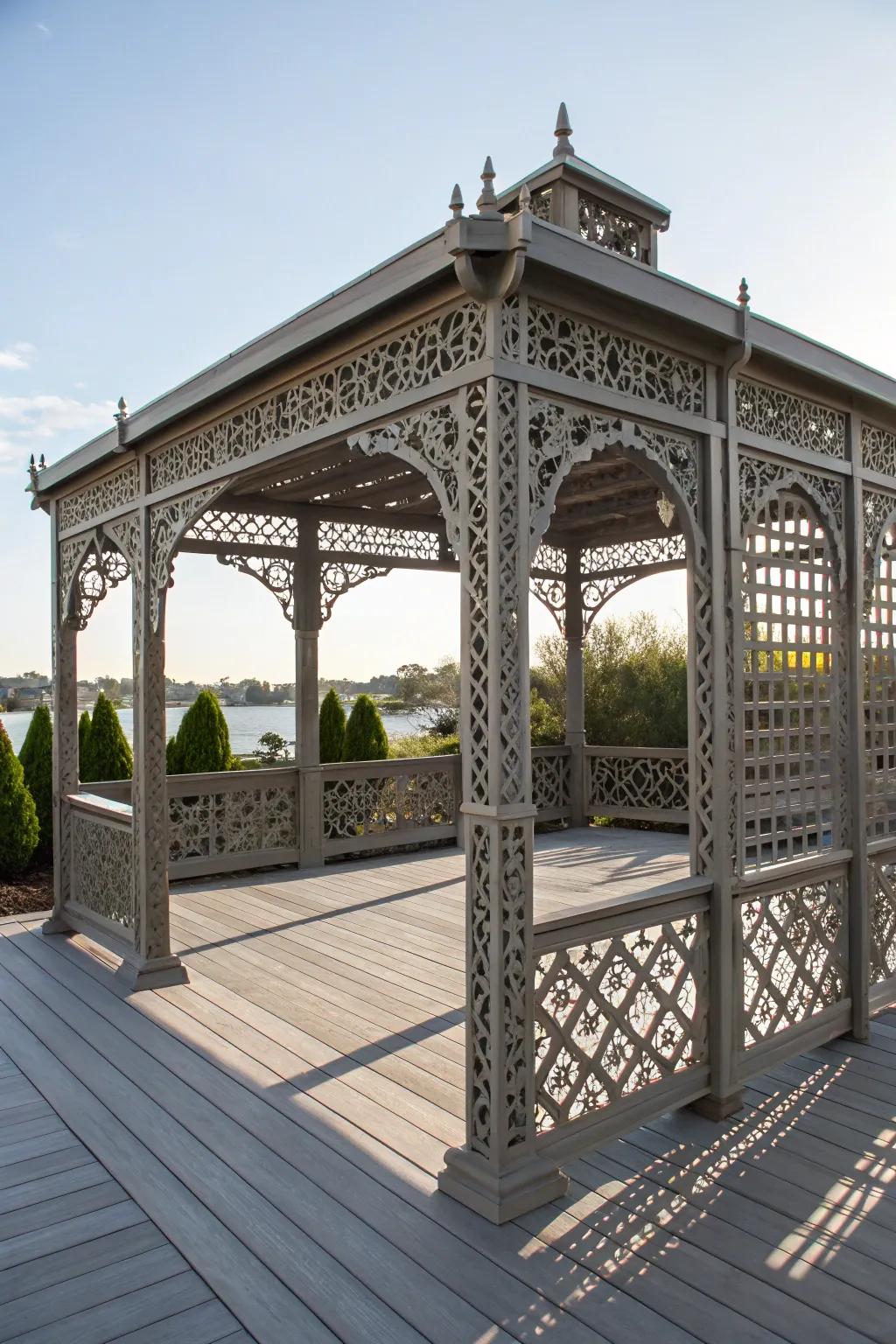 An artistic pergola with elaborate designs, enhancing visual appeal.