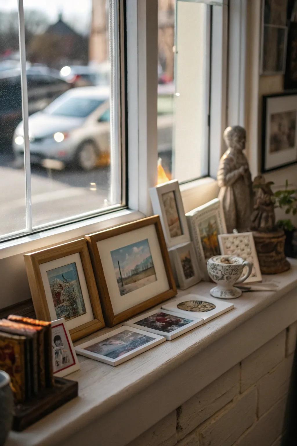 A mini art gallery on your window ledge adds a personal and artistic touch.