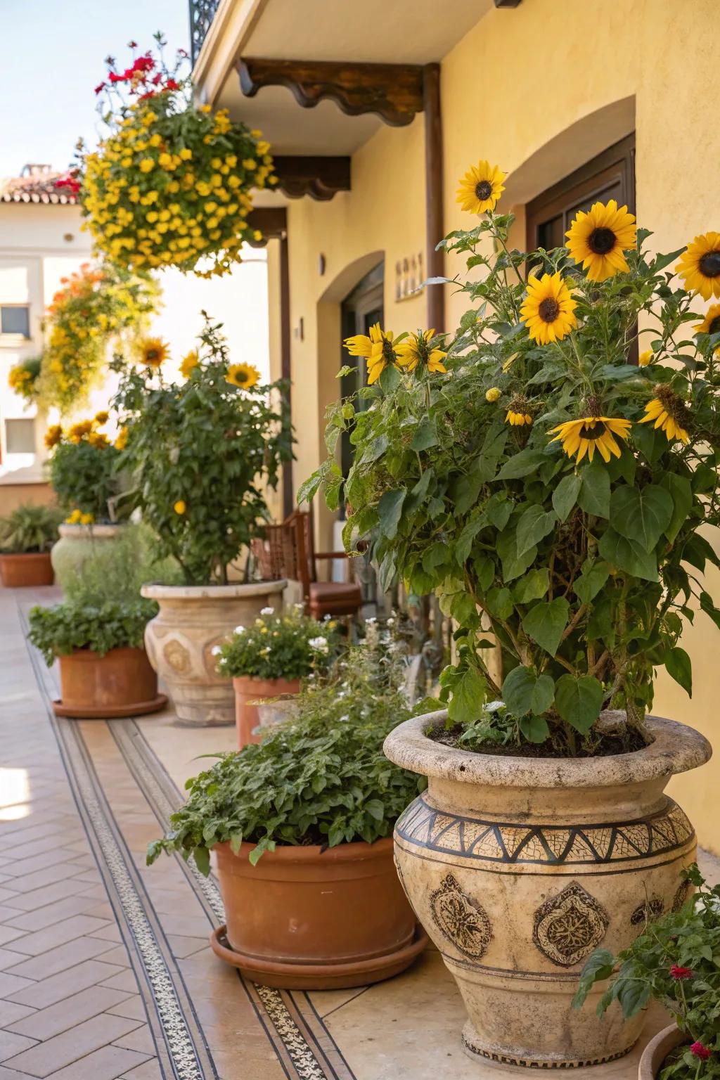 Sunflower vessels deliver an element of radiance to your outdoor settings.