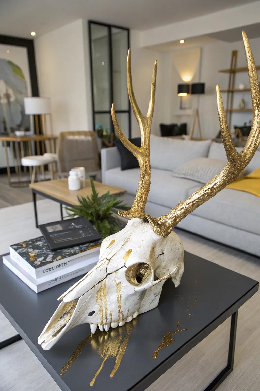 An artistic paint flow converts a deer skull into a modern art statement.