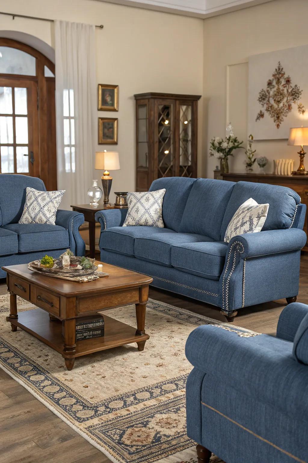 Symmetrical furnishing arrangement complements a cerulean couch.