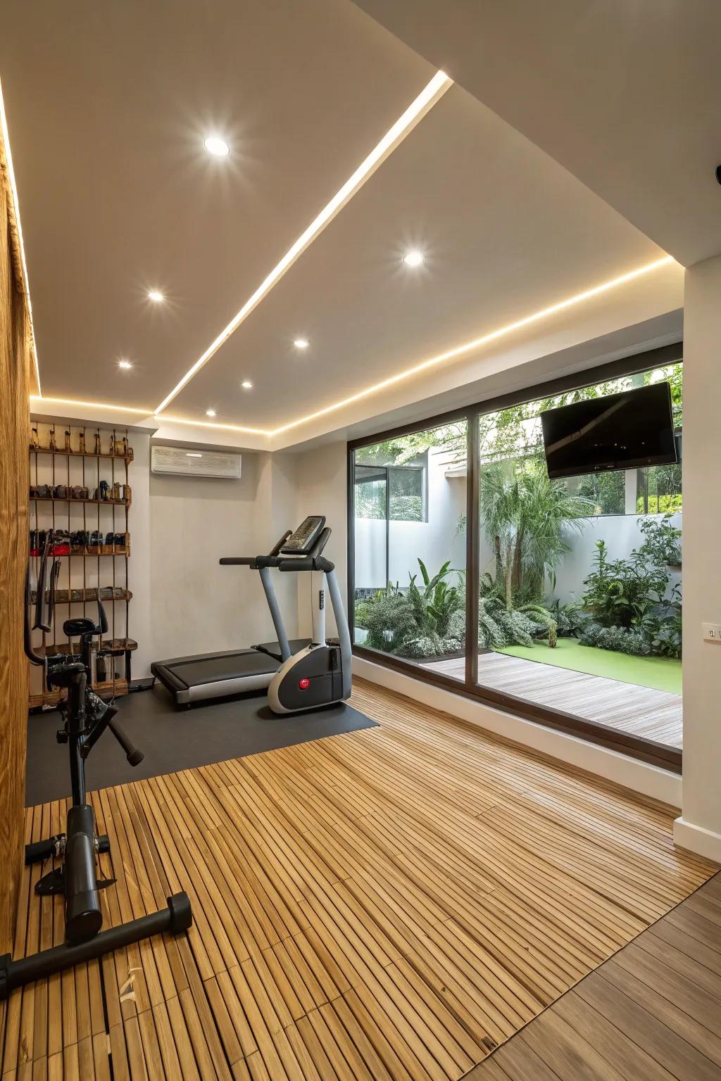 An eco-conscious home gym featuring sustainable materials and energy-efficient lighting.