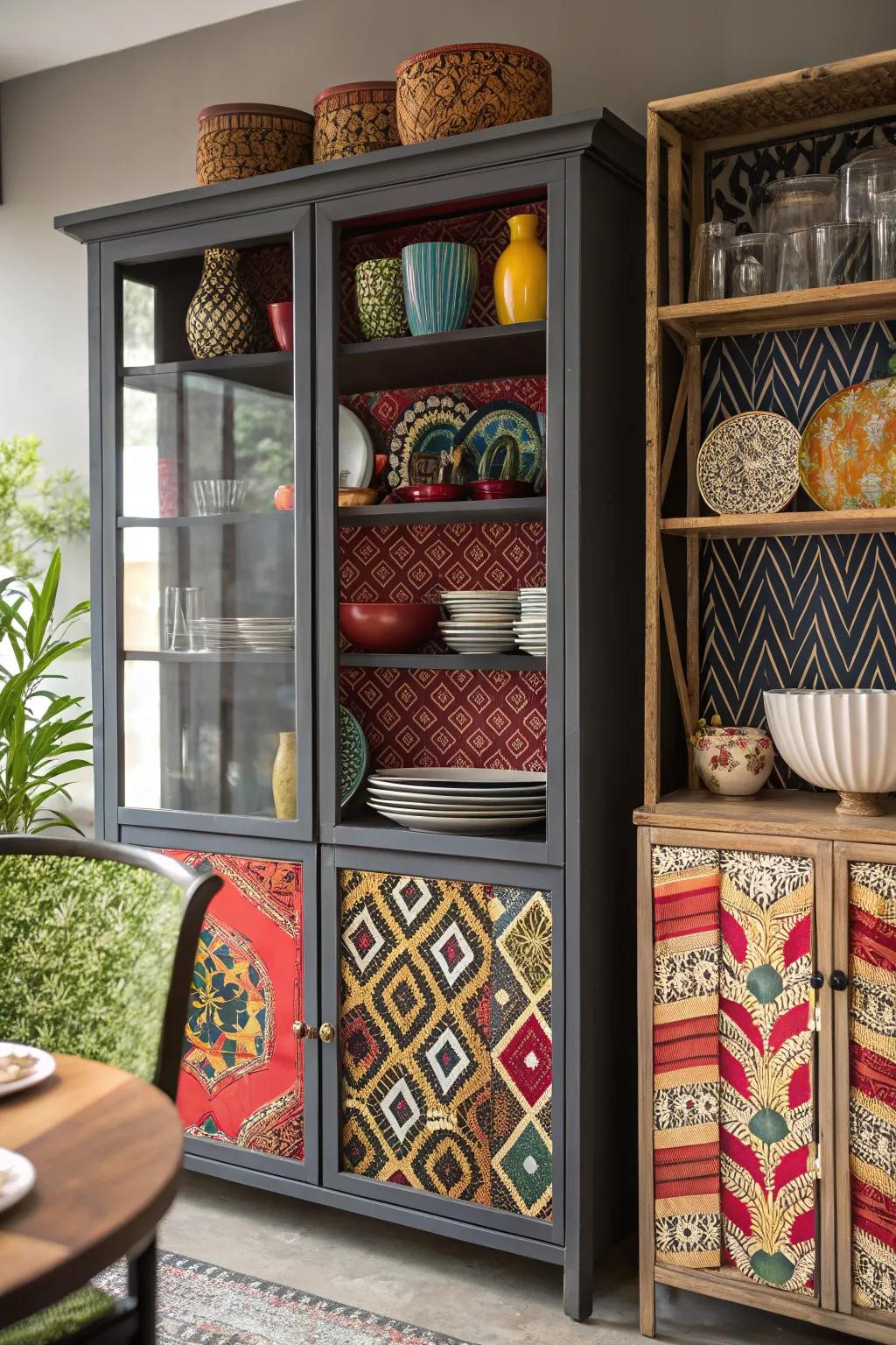 Eclectic cabinets bring personality and flair to the dining space.