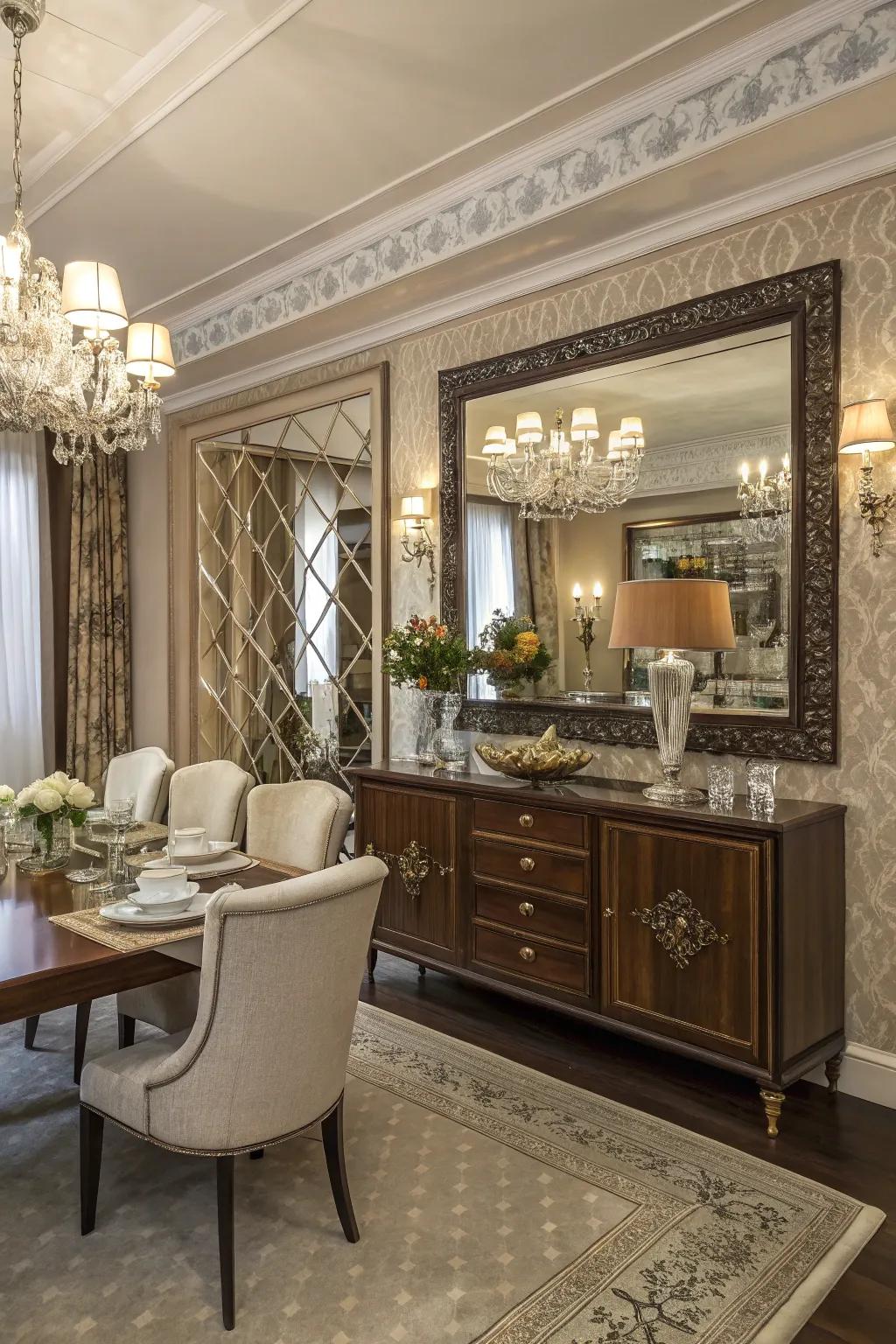 Reflectors above sideboards stabilize the room's decor.