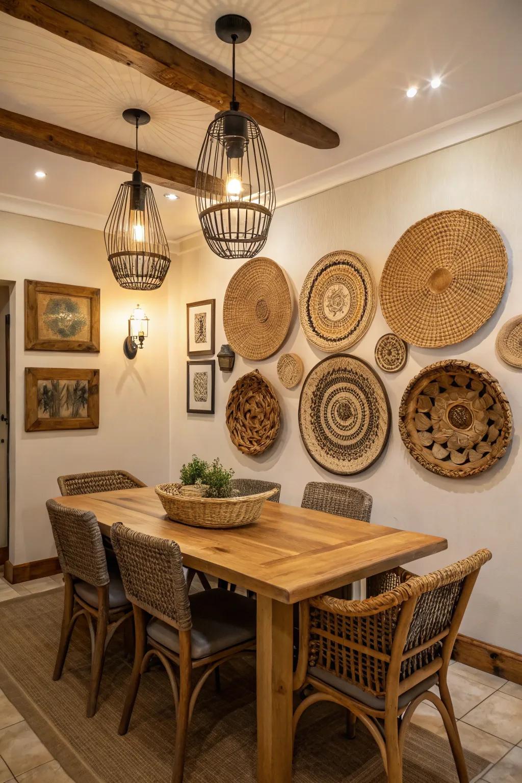 Hanging receptacles impart texture and a global ambiance to the dining room.