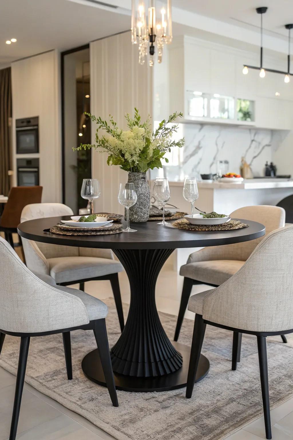 Coal finish furnishes a streamlined, contemporary sharpness.