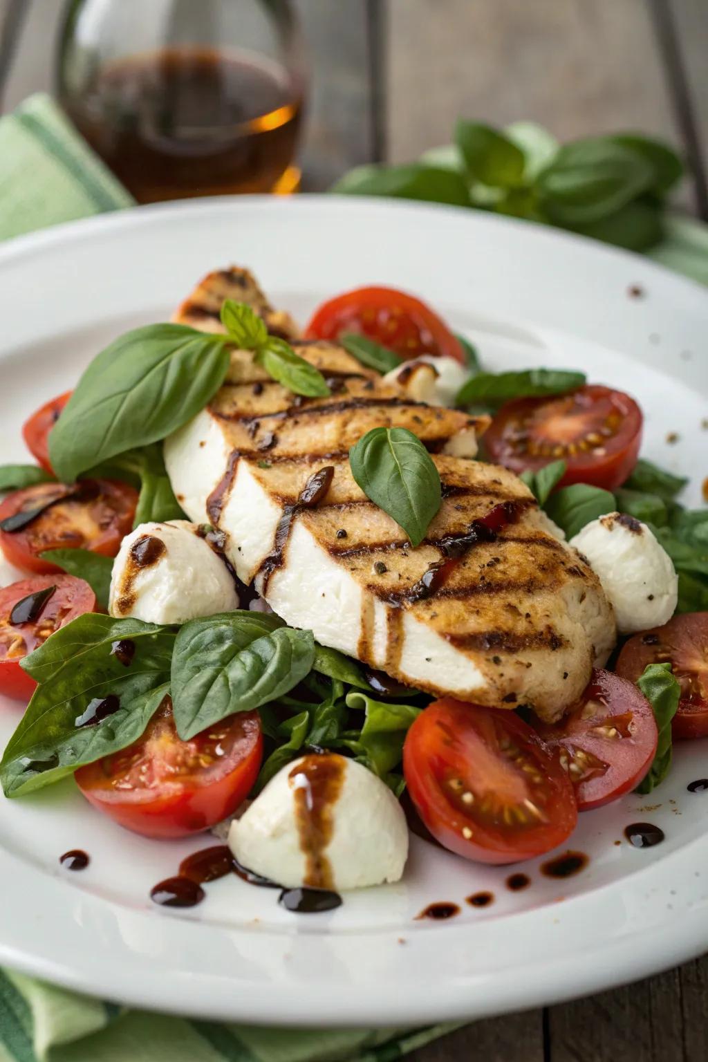 Caprese medley featuring grilled fowl, a revitalizing and satiating repast.