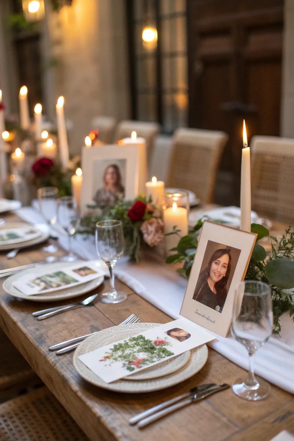 Personalized photo place cards make guests feel valued.