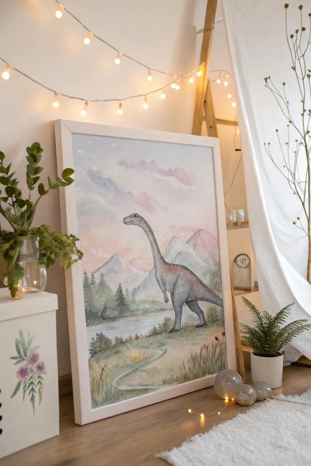Tender and ethereal watercolor dinosaur creation