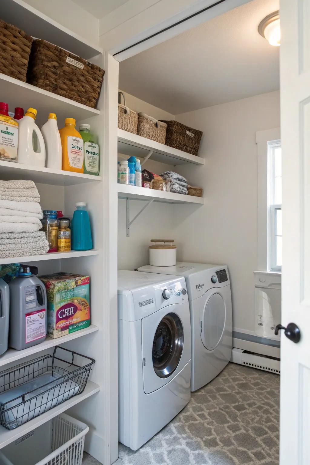 Angled shelves efficiently utilize area in any laundering area.