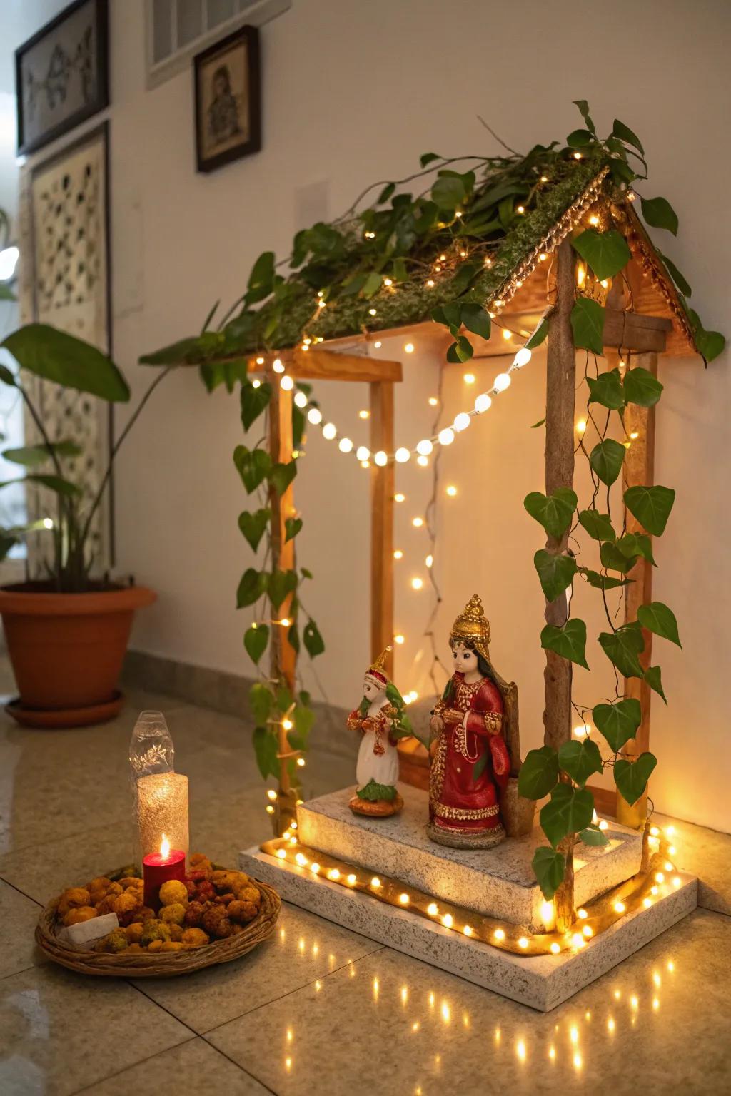 Foliage garland illumination infuses a mystical radiance into the Golu scenario.