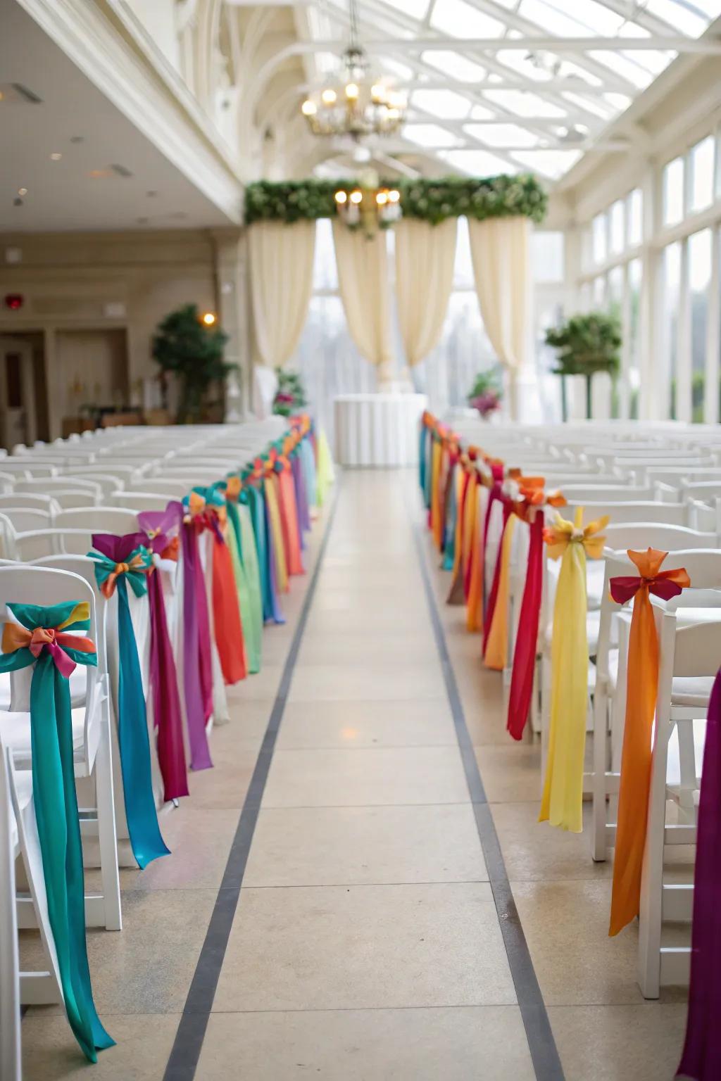Ribbons on chairs introduce a burst of color and sophistication to the aisle.