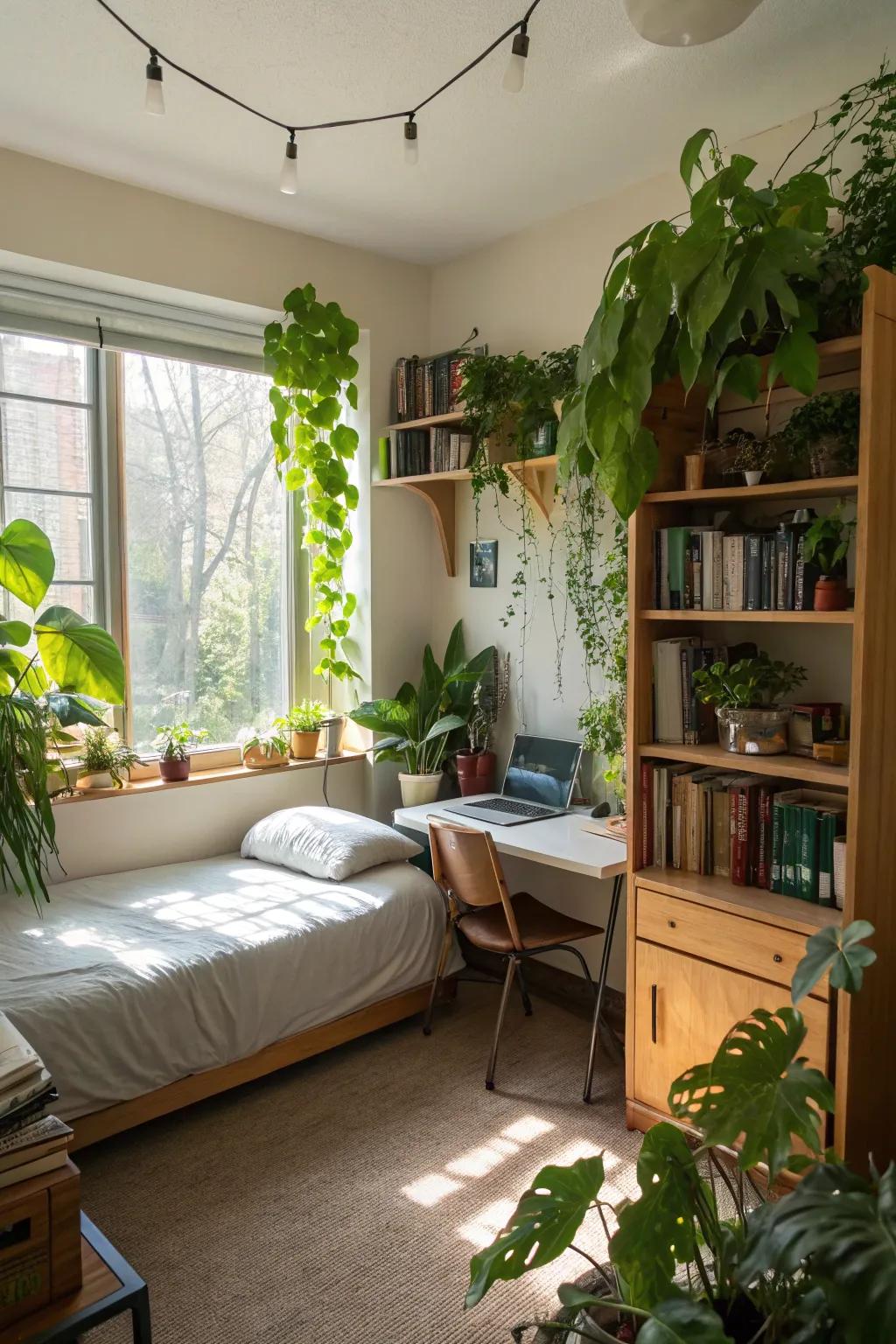 Botanical elements in a university residence, adding a sense of freshness and life to the space.