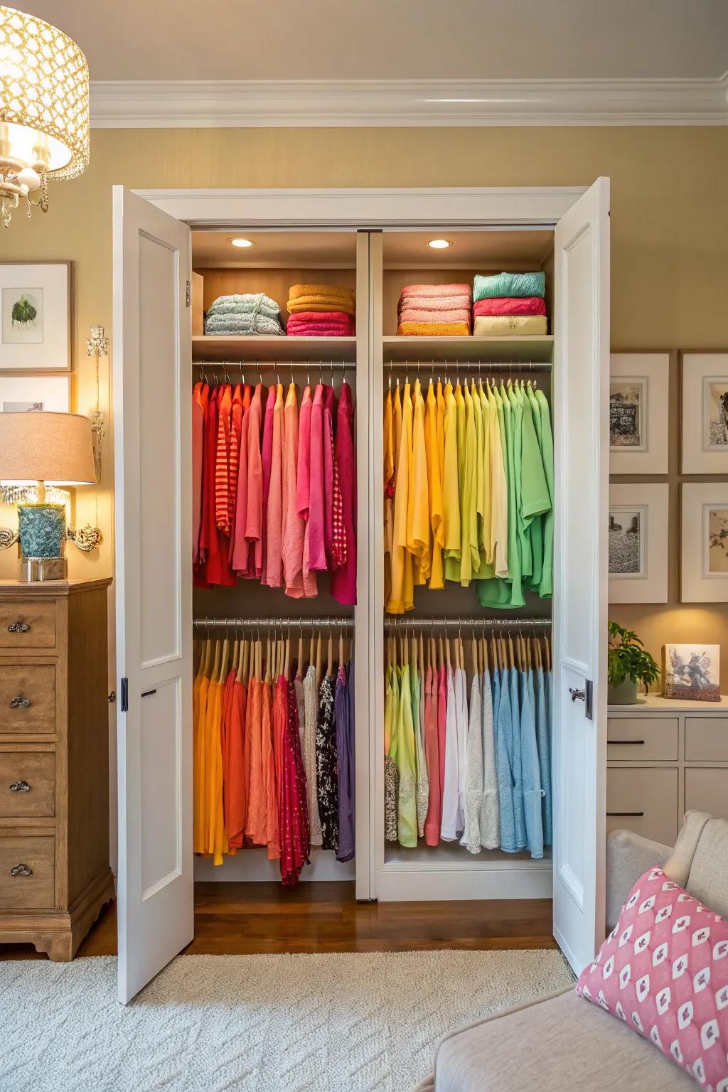 Color-coded organization enhances the visual appeal and efficiency of a double closet.