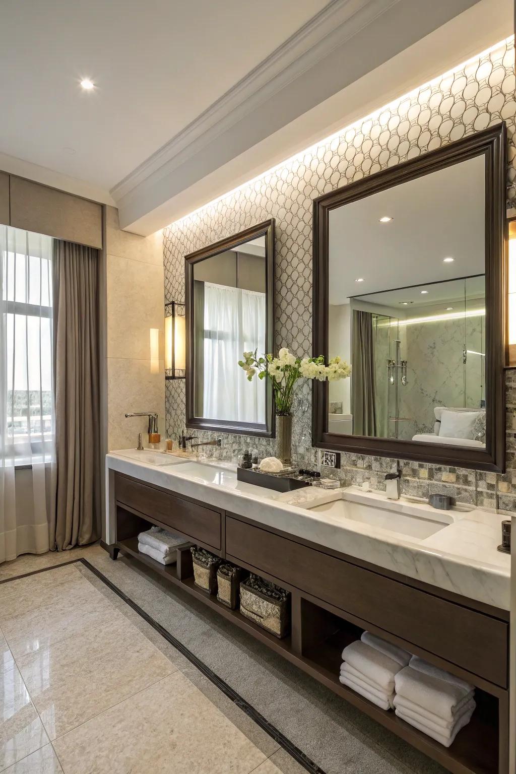 Extended mirrors enhance both visibility and space.