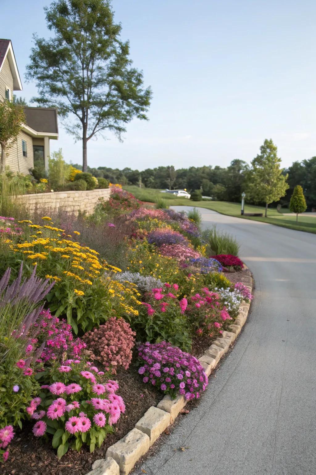 Everlastings ensure year-round blooms on this berm.