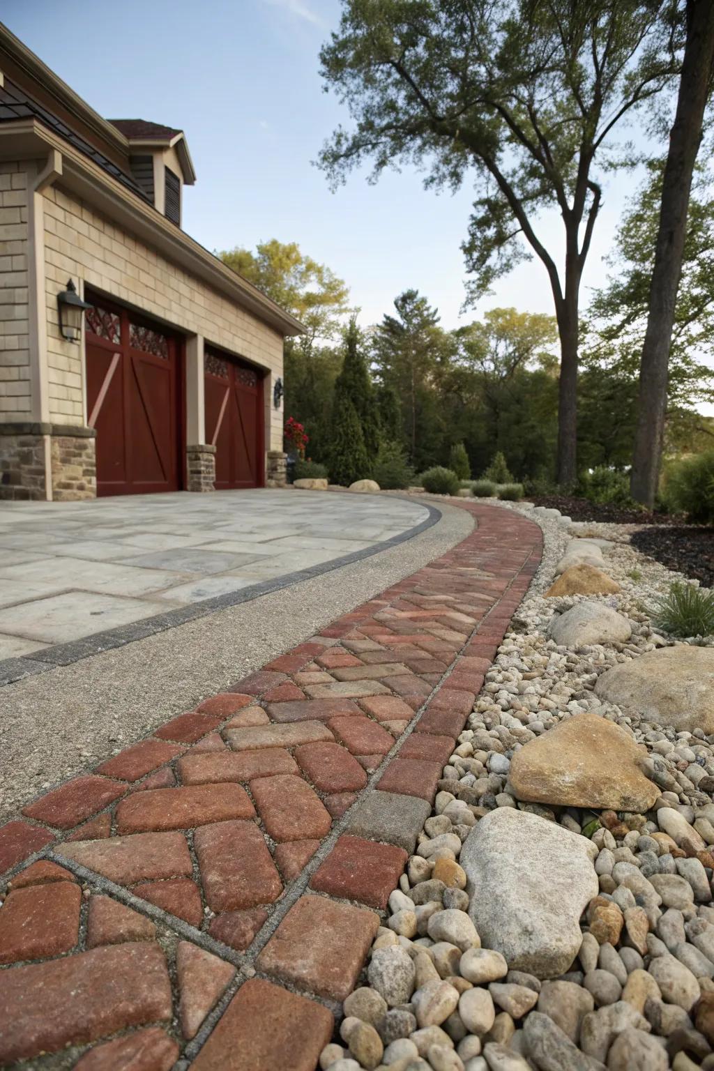 Material intermingling contributes texture and dimension to driveway blueprints.