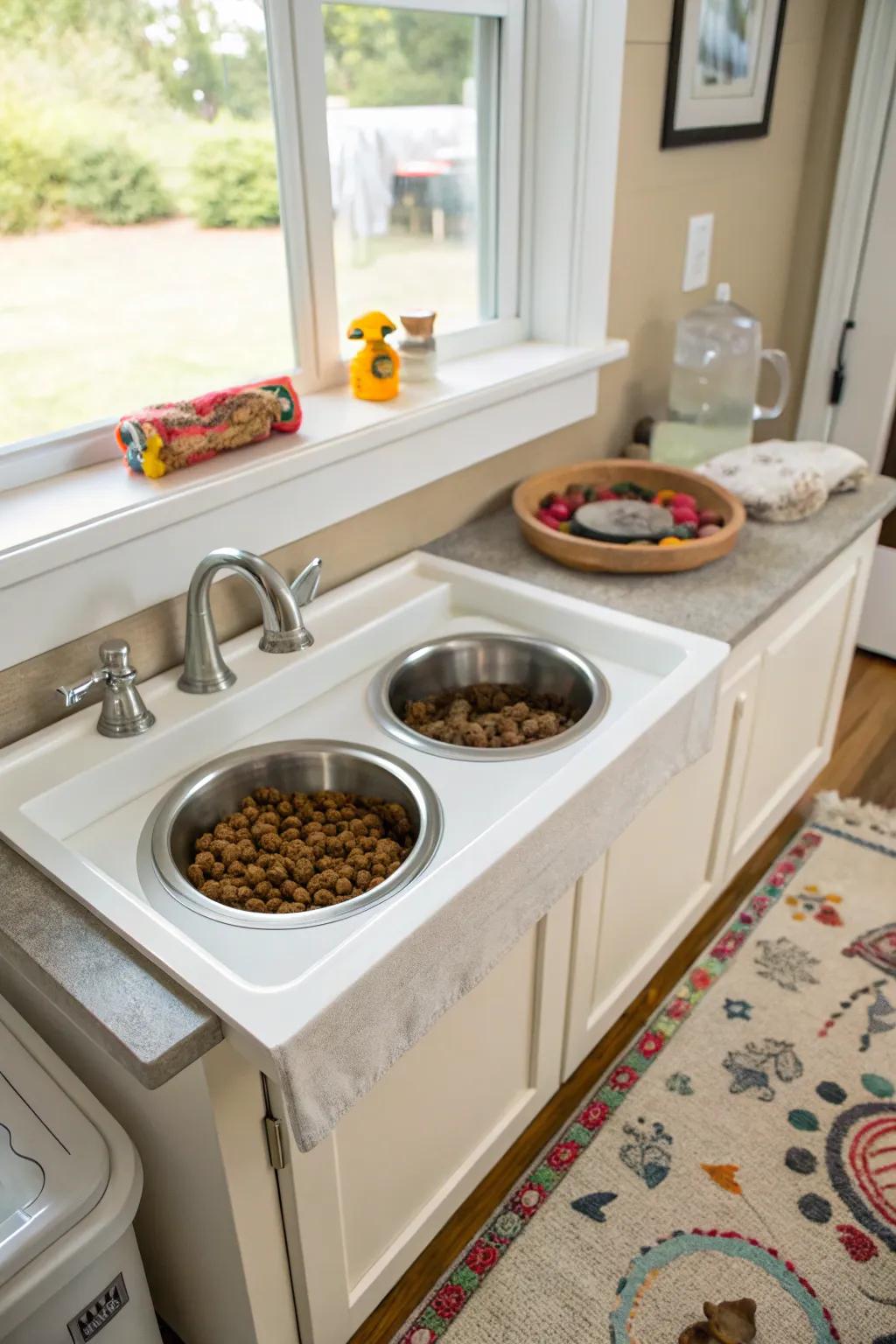 A dry sink transformed into a dedicated pet catering station.