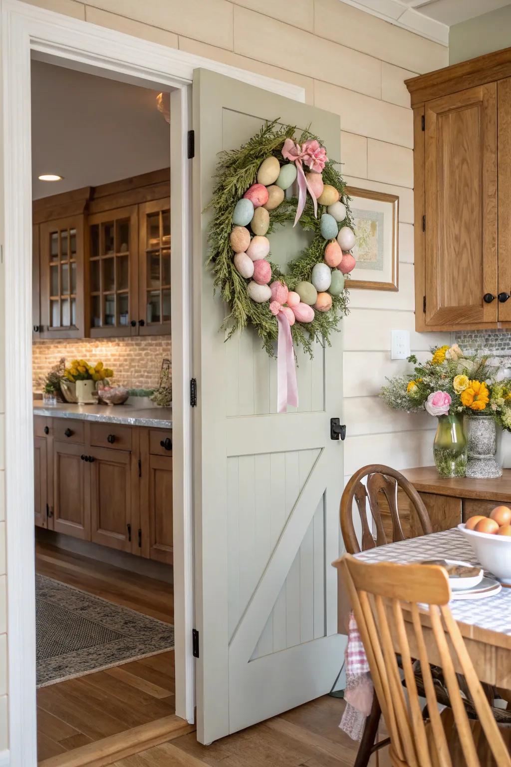 An Easter garland contributes charm and festivity to the storage entrance.