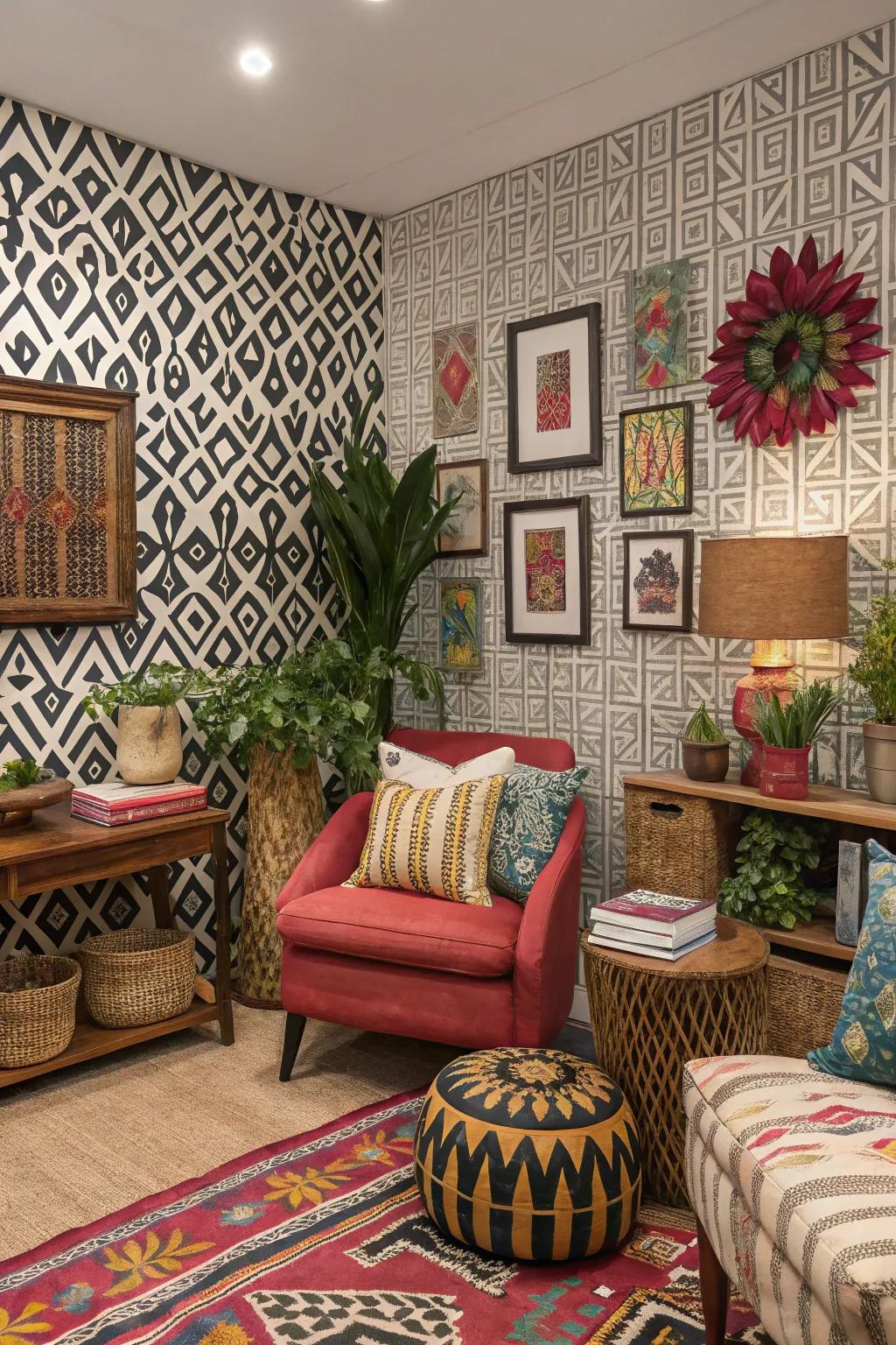 Striking wallpaper turns into the key feature in this diverse room.