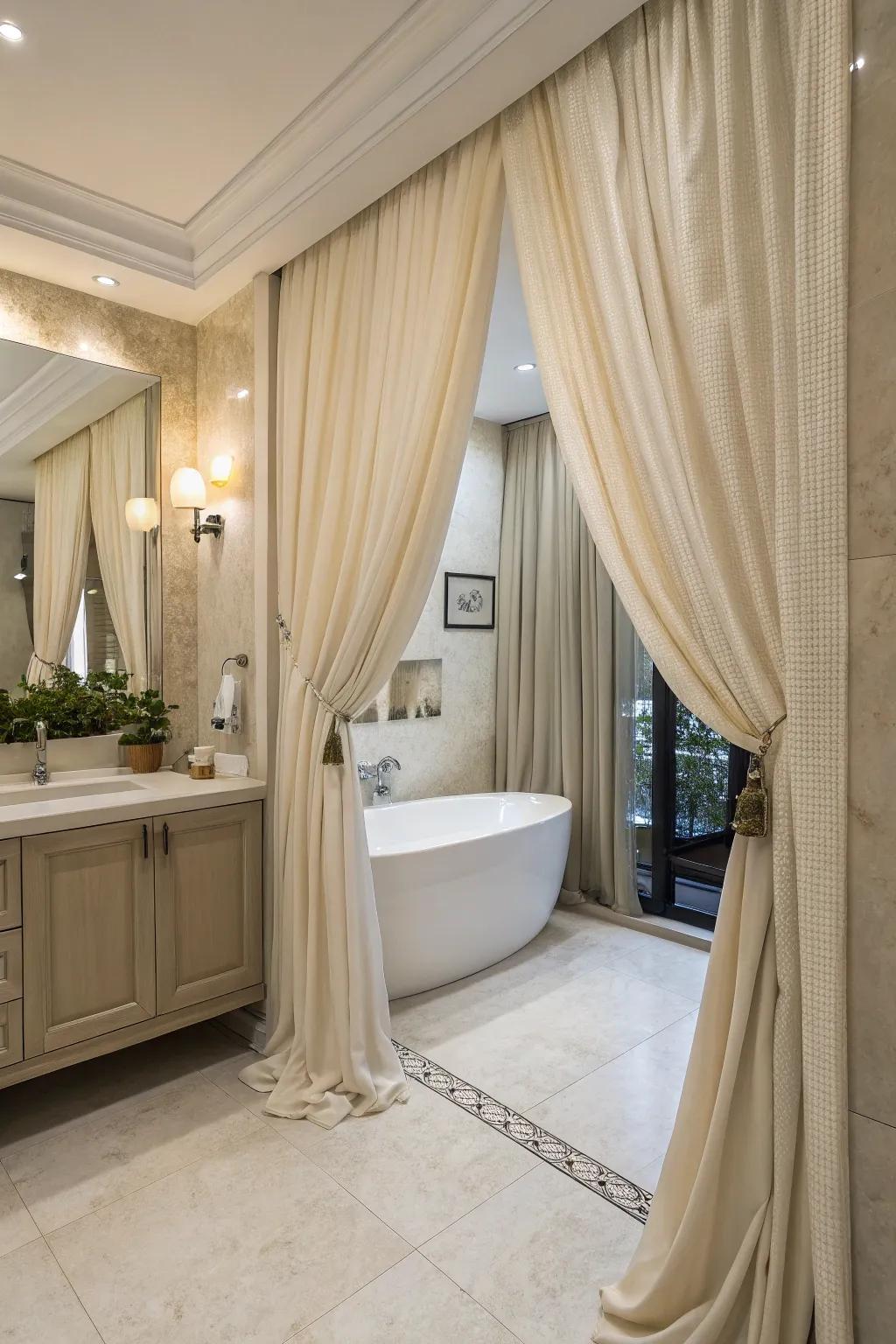 Exquisite window treatments amplify the gentleness and luxury of this bathing area.