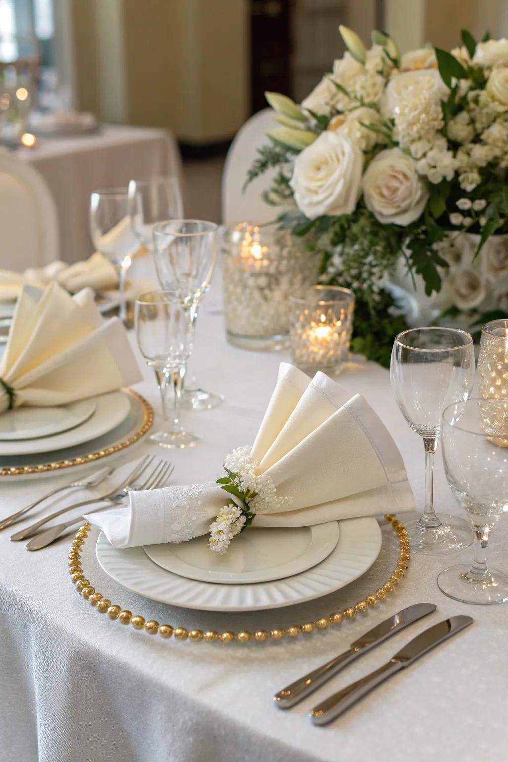 Elegant fabric square folds inject a sophisticated touch to the setting.