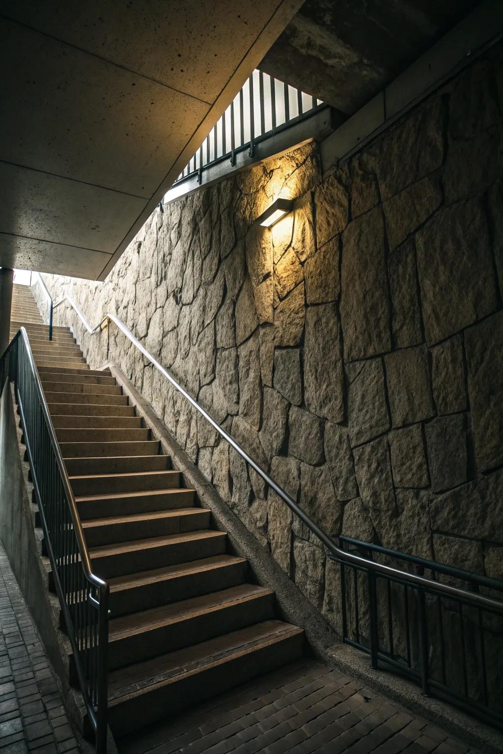 Textures introduce depth and visual interest to stairwells.