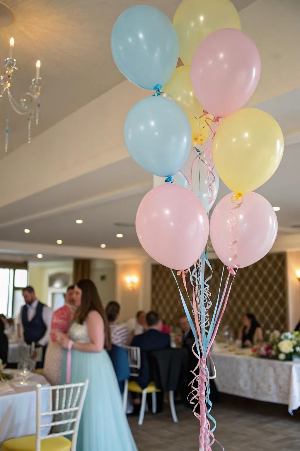 A whimsical balloon arrangement introduces a playful element.