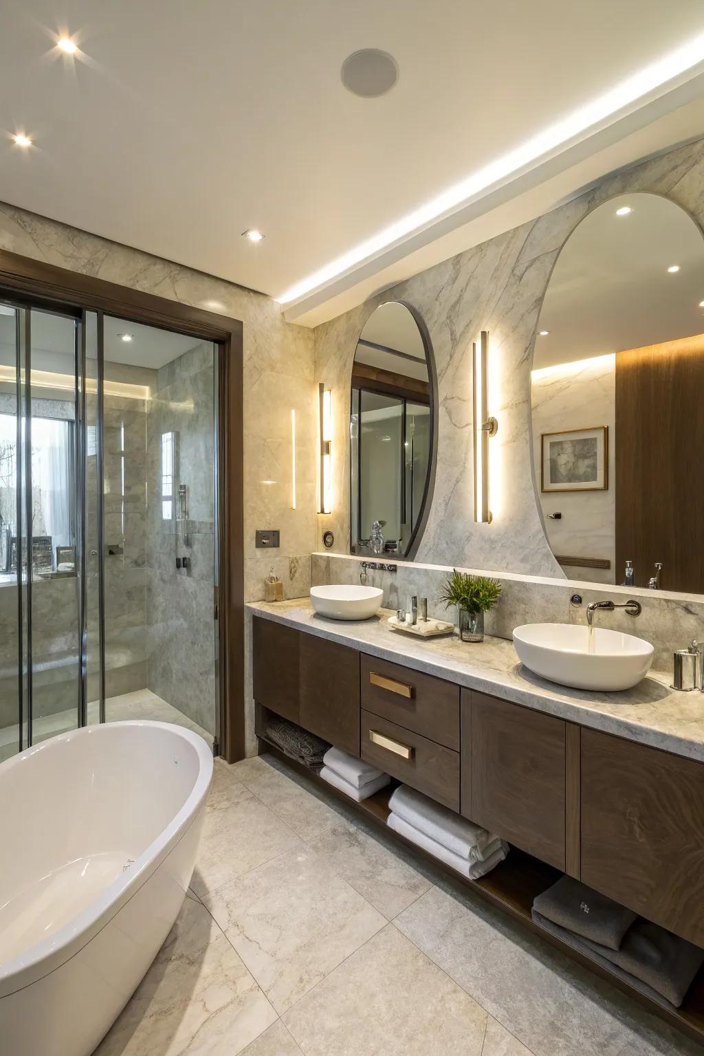 Curved fixtures enhance the flow and aesthetics of the space.