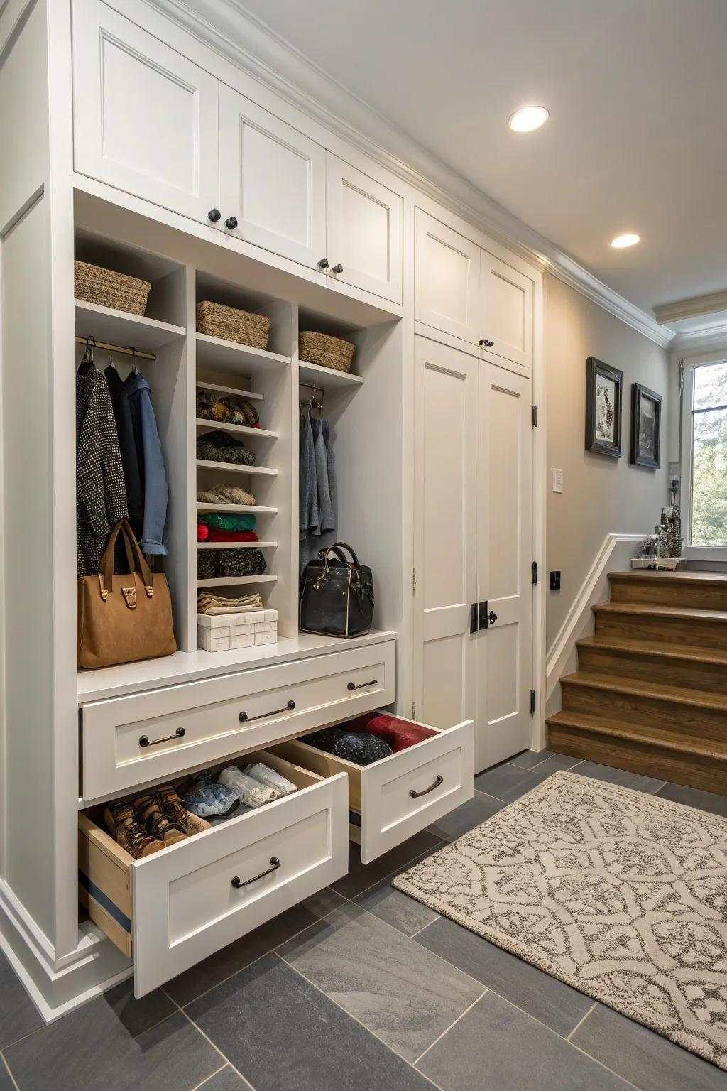 Pull-out drawers enhance accessibility and organization in the entryway.