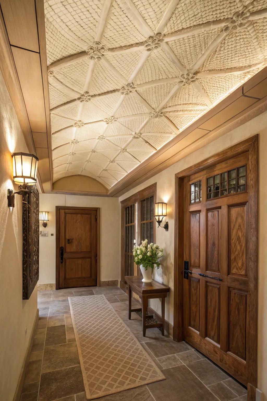 Textile panels can infuse coziness into your entryway overhead.