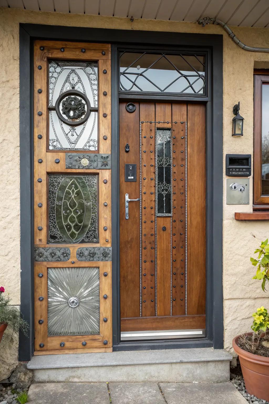 An eclectic façade door amalgamates assorted vogues and materials.