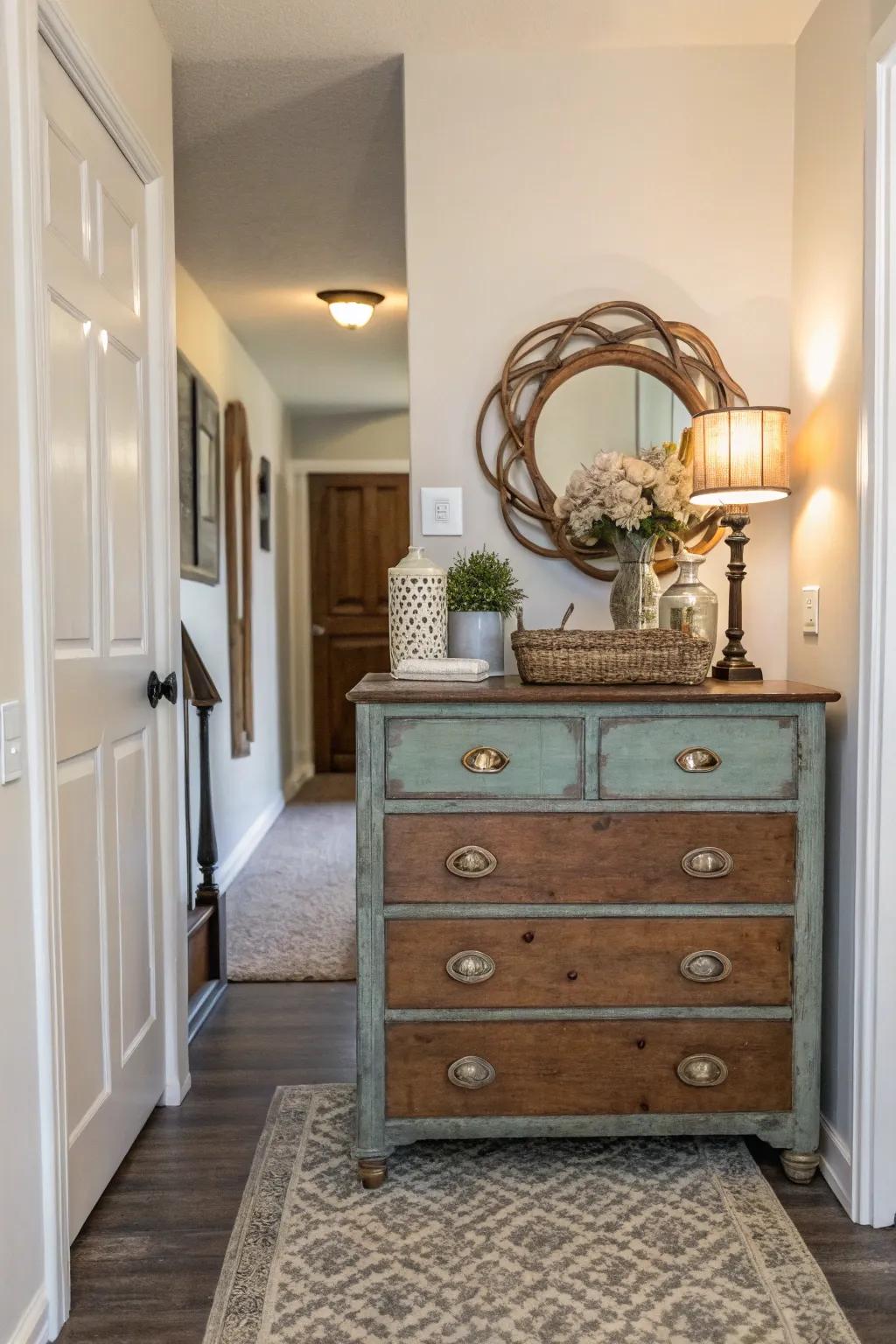 A repurposed dresser injects allure and purpose to the entryway.