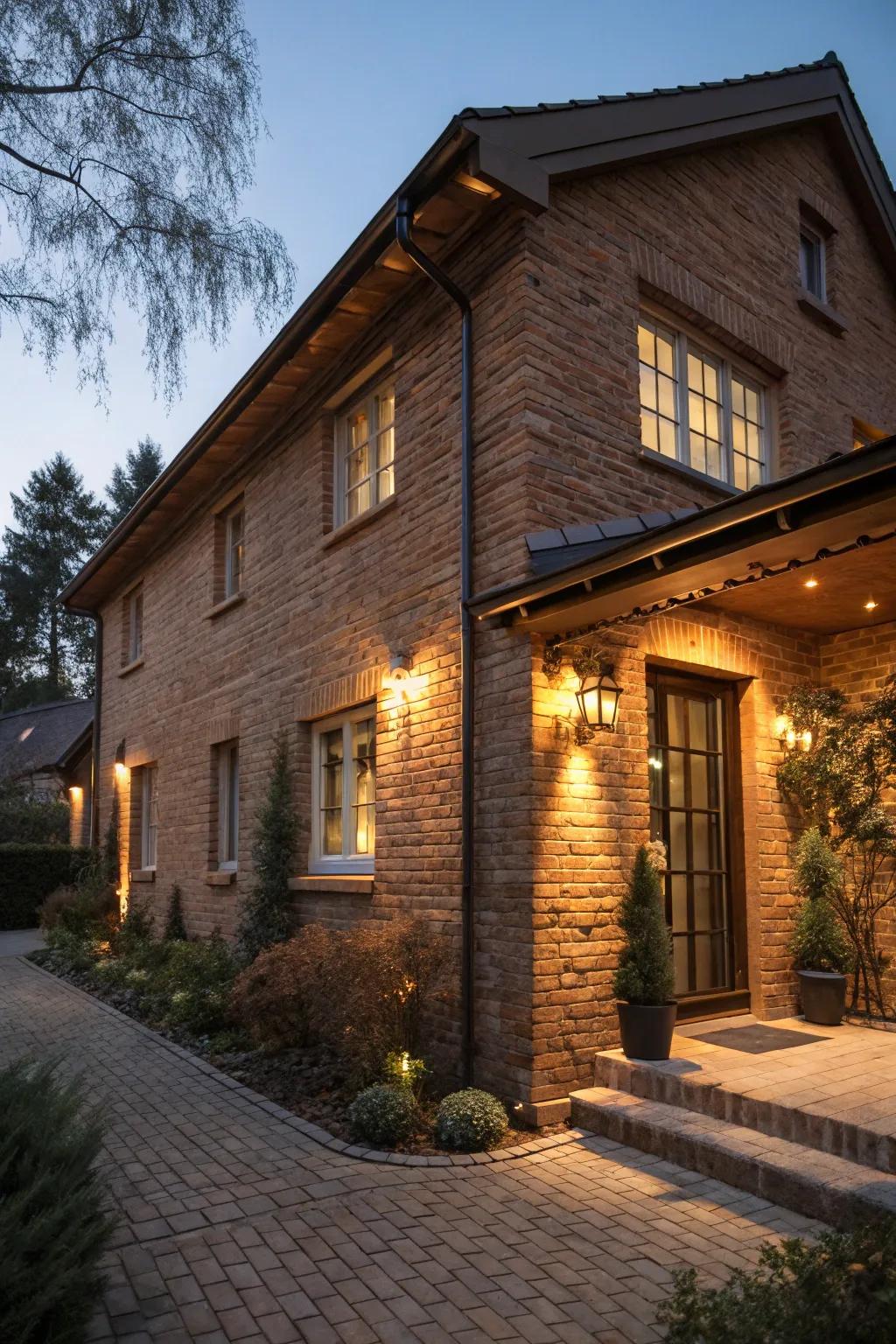 Exterior illumination accentuates the splendor of your brick residence.
